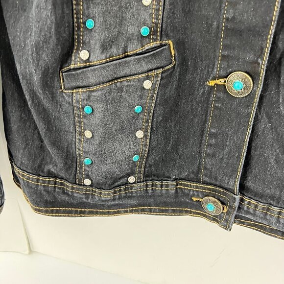 DG2 by Diane Gilman Black Western Stretch Jean Jacket Size M  Faux Turquoise - Picture 9 of 9